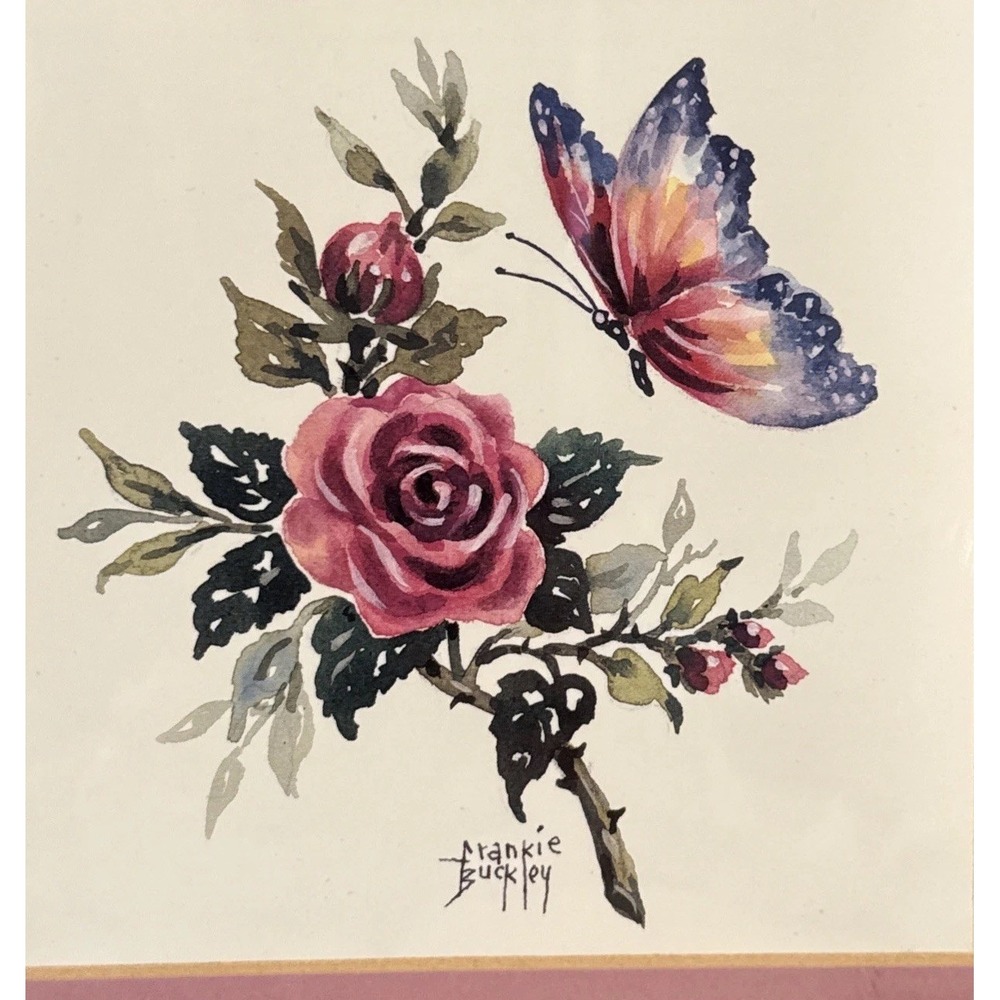 Original Vtg Watercolor‎ Painting Of Pink Roses & Butterfly-Framed Matted Signed